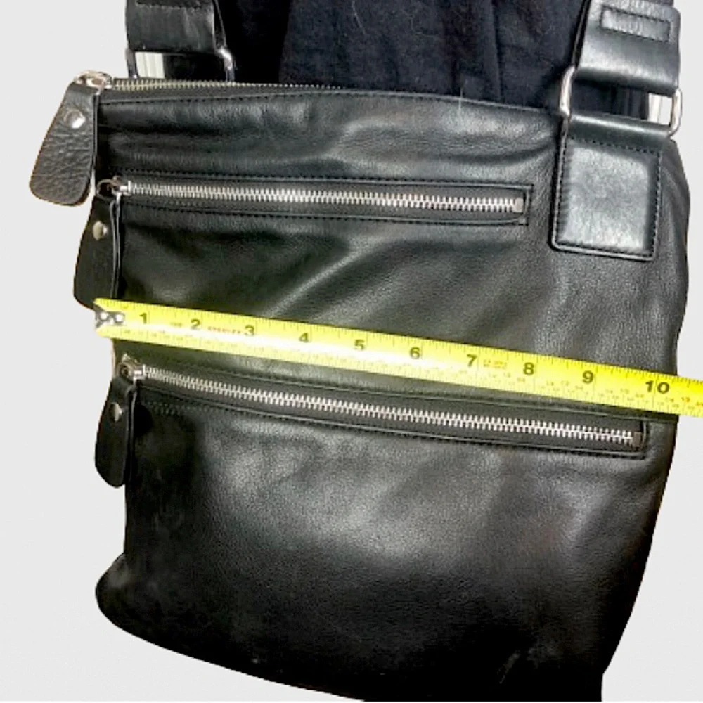 MARGOT Black Leather Messenger Bag 2 Ext. Front Zipper Pockets Top Zip Closure